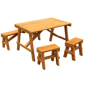 Деревянный стол для пикника на открытом воздухе с тремя скамейками, янтарный