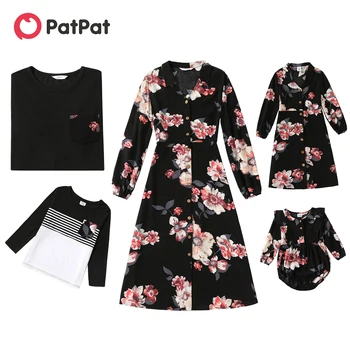 Комплекты платьев и футболок PatPat Family с цветочным принтом, черными отворотами, V-образным вырезом и пуговицами с длинными рукавами
