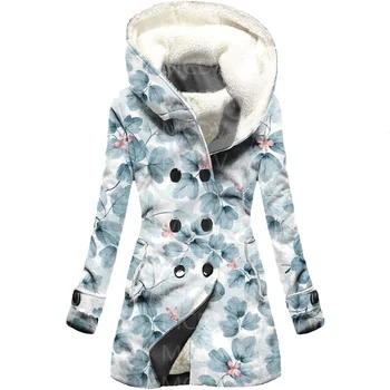 Флисовый плащ с капюшоном и 3D принтом с цветочным рисунком, женское толстое теплое пальто, Женское зимнее теплое пальто 01