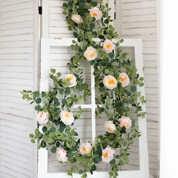 Гирлянда из искусственных цветов Розы, Рождественская Лоза Эвкалипта, Искусственные растения для оформления стен, Свадебных арок, гостиной, спальни