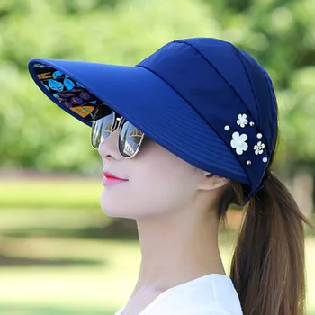 Летние шляпы для женщин, Складная Солнцезащитная шляпа с жемчужным цветочным козырьком, Солнцезащитная кепка, женская Уличная повседневная бейсболка, женская шляпа для женщин