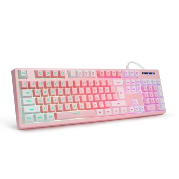 Механическая клавиатура со светодиодной подсветкой: полноразмерная 104 клавиши с дышащей подсветкой для компьютера PC Gaming Office, розовая