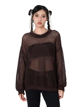 Женский пуловер большого размера в винтажном стиле с графическим рисунком, длинными рукавами и круглым вырезом - уютный трикотаж для Харадзюку