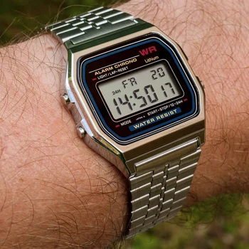 Роскошные часы F91W со стальным ремешком Ретро Деловые светодиодные цифровые спортивные военные часы Электронные Наручные часы Женские Мужские пары