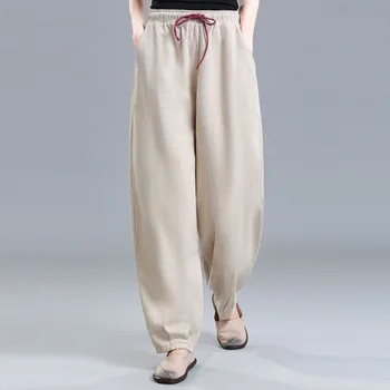 Хлопчатобумажные льняные открытые женские брюки с карманами на шнурках, прямые широкие брюки, винтажные однотонные повседневные брюки, повседневная одежда