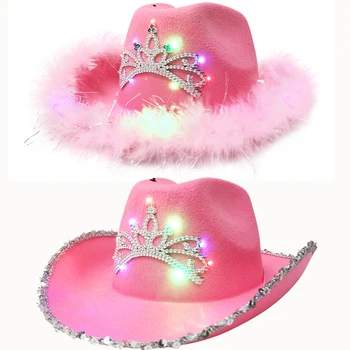 Светящаяся Тиара, Ковбойская шляпа в западном стиле, Розовая женская модная праздничная кепка с широкими полями, украшенная блестками