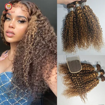 Прозрачная кружевная застежка с пучками, подчеркивающая афро-Кудрявые человеческие волосы, Плетение Пучков с закрытием Applegirl Peruvian Remy