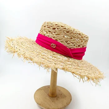 Летняя соломенная шляпа Lafite с широкими полями и плоским верхом, аксессуары для ленты, солнцезащитная шляпа, женская выдолбленная солнцезащитная шляпа, пляжная шляпа