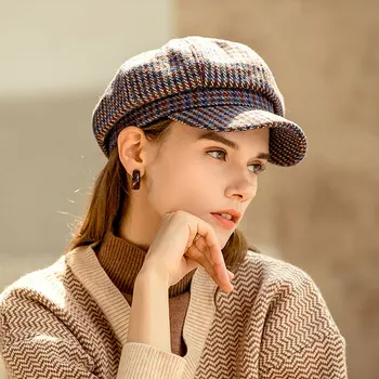 Женский берет, женская шляпа в британском ретро-стиле, темно-синяя шляпа, Корейская осенне-зимняя теплая универсальная восьмиугольная шляпа в клетку