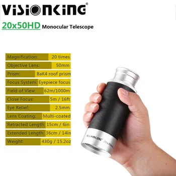Visionking 20x50 HD Портативный Мощный Монокуляр-Телескоп BAK4 с Полностью Многослойным Покрытием Для Охоты На Открытом Воздухе, Кемпинга, Растягивающаяся Подзорная Труба