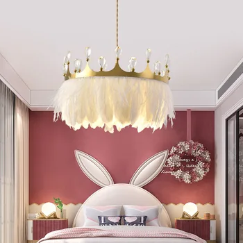 Теплая и романтичная люстра принцессы в главной спальне лампа с перьями креативная хрустальная корона 35 см/45 см/55 см золотая люстра