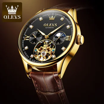 OLEVS 3601, автоматические механические часы для мужчин, водонепроницаемый ремешок из натуральной кожи, мужские светящиеся деловые наручные часы