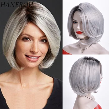 HANEROU синтетический прямой волнистый парик-боб, женский натуральный серый парик омбре для вечеринки, повседневного косплея, термостойкий