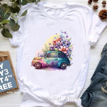 Футболка с принтом автомобиля с акварельными цветами, футболка для девочек, футболка для путешествий, Женская летняя мода, топы, футболка, Женская Повседневная белая футболка
