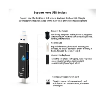 Устройство чтения карт памяти 5 в 1 USB 2.0 Type C /USB / Micro-USB / TF / SD, адаптер для чтения карт OTG, аксессуары для мобильных телефонов, черный