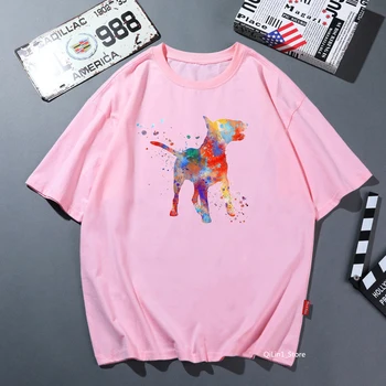 акварельная футболка с животным принтом бультерьера дага, женская розовая однотонная футболка, женская рубашка в стиле харадзюку, одежда каваи, футболка, женские топы