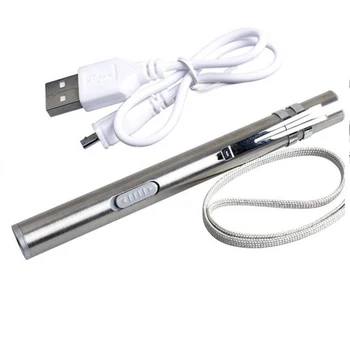 Портативный USB-перезаряжаемый мини-карманный фонарик в форме ручки, светодиодный фонарик с зажимом из нержавеющей стали, серебристый карманный светодиодный фонарик