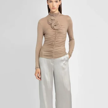 Осенняя новинка 2023, объемное цветочное украшение ручной работы, тонкая нижняя рубашка с длинными рукавами, модные сексуальные женские топы y2k