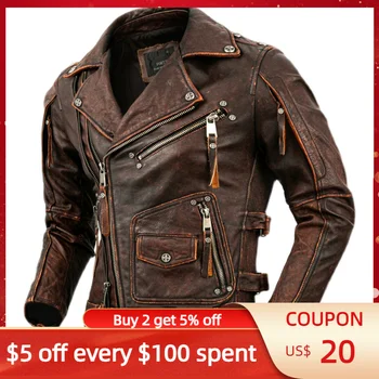 2022 винтажный коричневый из натуральной кожи куртка мужчины мотоцикл Стиль Плюс размер 5XL реальных природных коровьей осень тонкий Fit байкер пальто