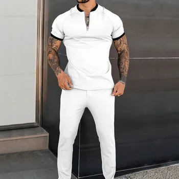 Новый летний мужской спортивный костюм, спортивная рубашка Поло с коротким рукавом и длинные брюки, костюм-двойка, мужской однотонный деловой повседневный комплект