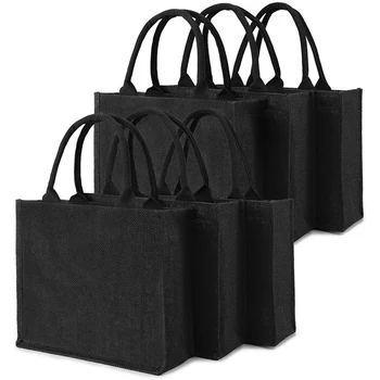 6 шт. Черная сумка-тоут из мешковины, Джутовые сумки-тоут с ручками и ламинированным интерьером, Свадебные подарочные пакеты для подружек невесты, Пустые пакеты