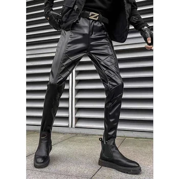 Мужские Брюки из искусственной кожи, Модная Мотоциклетная Уличная одежда в стиле панк-хип-хоп, High Street Rock, облегающие клубные Брюки