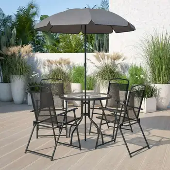 Нантакет, 6 предметов, черный садовый набор для патио со столиком-зонтиком и набором из 4 складных стульев
