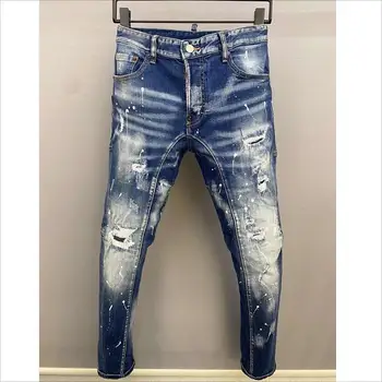 Мужские Модные Джинсы с дырочками, окрашенные распылением, Модные мото- и байкерские повседневные брюки из джинсовой ткани с надписью A603
