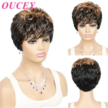 Короткие Парики OUCEY, Женские Парики из натуральных волнистых синтетических волос, Парики для женщин, Черно-коричневый парик, женский парик с челкой в стиле Пикси