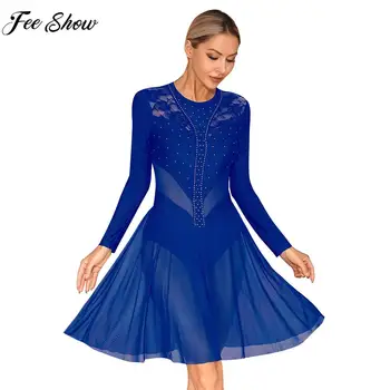 Женское платье для фигурного катания с длинным рукавом, костюм для Лирического танца, Балет, гимнастика, танцевальная одежда из прозрачной сетки Со Стразами