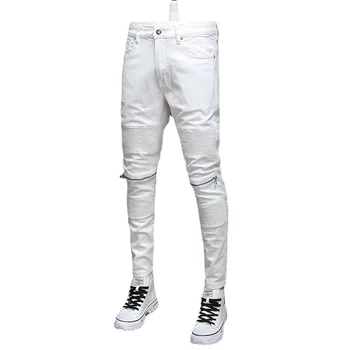 Бренд Tide High Street Индивидуальность, сшитые Молодежные Белые брюки для езды на мотоцикле, Джинсы, Модные мужские брюки на молнии