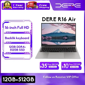 Ноутбук DERE R16 Air 16-дюймовый 2.5K IPS Ultra HD Intel Celeron N4500 12GB RAM + 512GB SSD Ноутбук Дешевый Офисный Ноутбук Windows 11