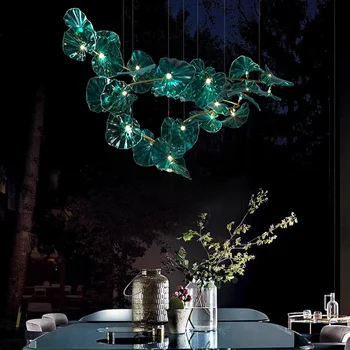 Люстра с зелеными стеклянными листьями, художественные подвесные светильники для ресторана Island Hotel, Люстры, светодиодный подвесной потолочный светильник