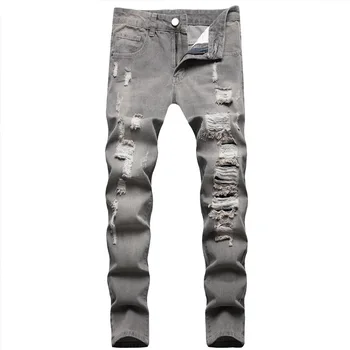 Джинсы с дырками в европейском и американском Стиле, Мужские повседневные серые выстиранные Джинсы для подростков, облегающие джинсовые брюки средней талии, рваные джинсы