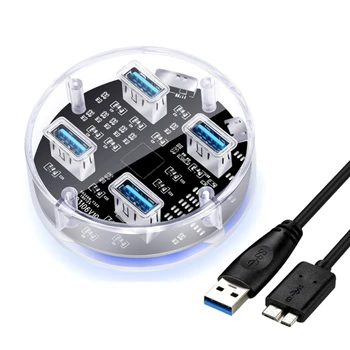Концентратор USB3.0 с 4 портами, прозрачная USB-док-станция, быстрый и портативный USB-разветвитель, 5 Гбит/с, внешний источник питания