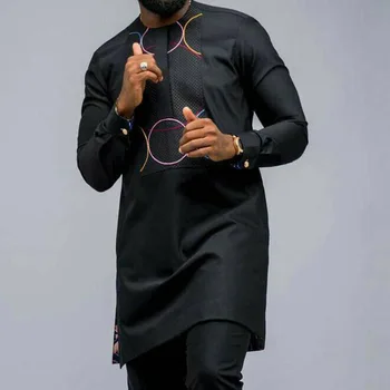 Черный Мужской костюм в африканском этническом стиле, длинная рубашка и брюки с принтом, мужской повседневный костюм из 2 предметов, S-4xl, большие размеры