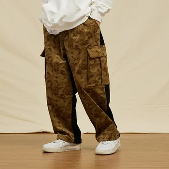 Камуфляжные вельветовые Махровые брюки, Свободные повседневные брюки, Комбинезон с объемными карманами, осень и зима