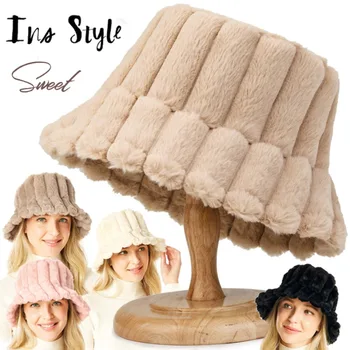 Полосатая шляпа в форме гриба, зимняя панама из искусственного меха, шляпы Рыбака в стиле Харадзюку, Уличная теплая панама-боб для женщин, Утепленные шапки