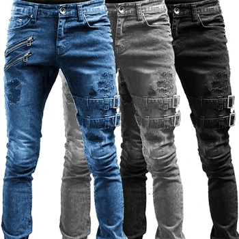 Мужские Облегающие Байкерские Рваные Длинные Джинсовые брюки, обтягивающие джинсы, Карманные боковые ремни и молнии, Мужские штаны для бега трусцой, разрушенные эластичные брюки