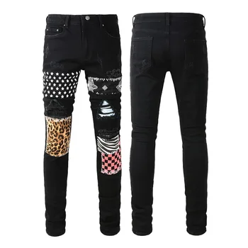 Новые модные мужские джинсы брендового цвета с эластичной нашивкой и дырками, джинсы для мужчин, повседневные узкие черные штаны для нищих 8595