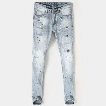 Модные уличные мужские джинсы в стиле ретро, светло-голубая роспись, Дизайнерские обтягивающие рваные джинсы, Мужские эластичные брюки в стиле хип-хоп Hombre
